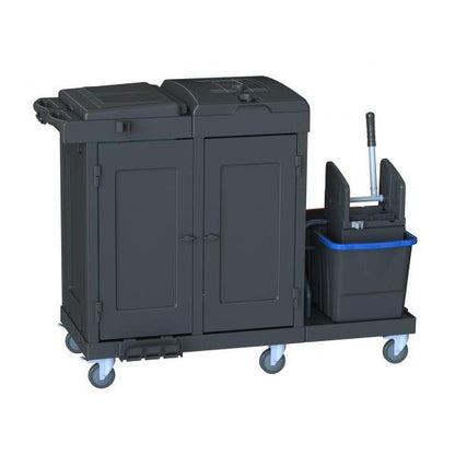 The Arcora Ecoblack 750 cleaning cart from Arcora International GmbH (1410 x 680 x 1100 mm, carton 1 piece) features two compartments, a mop bucket with a wringer, four swivel casters, and a handle - ideal for transporting shipping packaging materials.