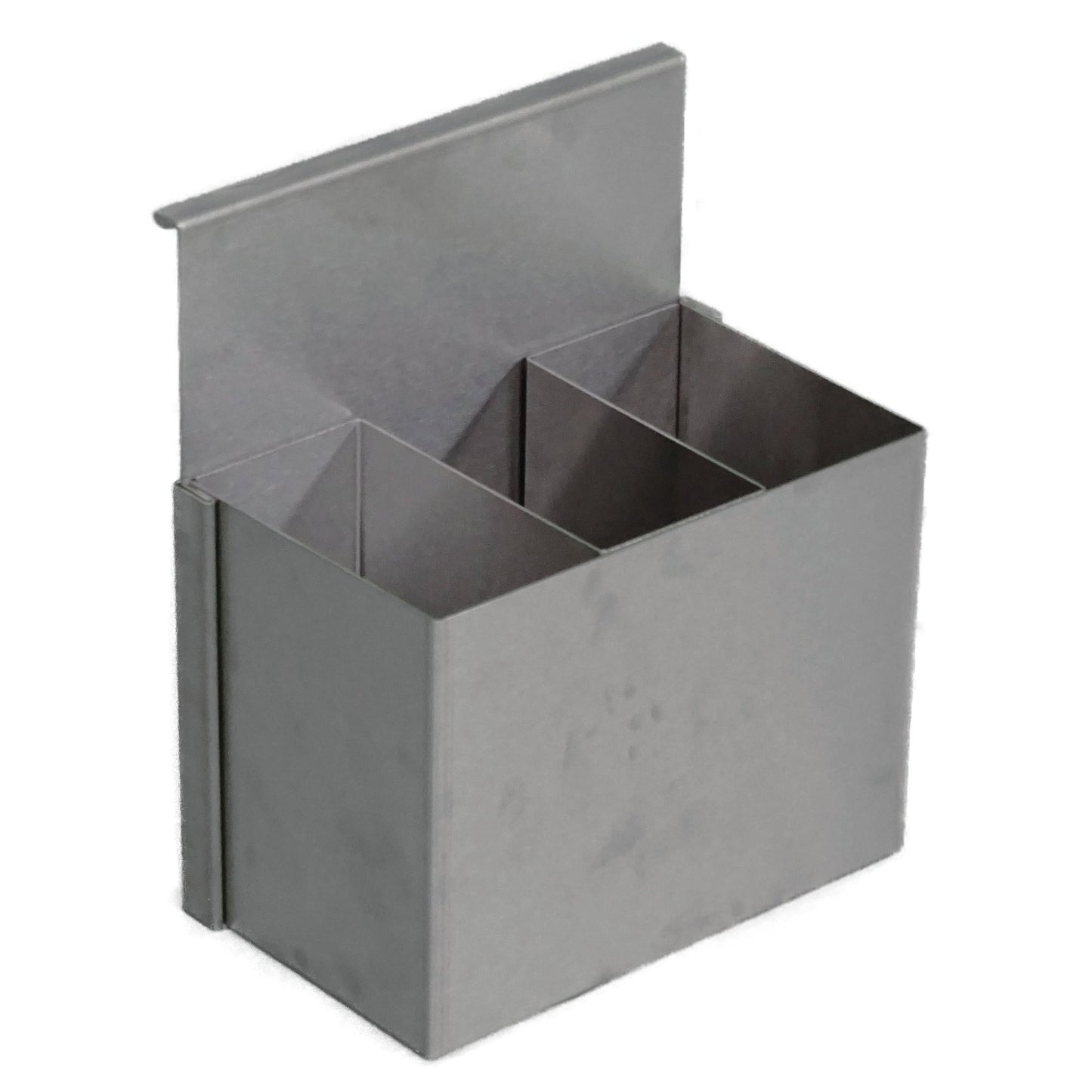 The Novocal stainless steel container (250 x 150 x 300 mm) features three rectangular compartments and a flat back, designed for hanging on a Euro rail in workshops or for attaching to a surface. The package contains 1 piece.