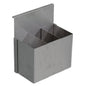 The Novocal stainless steel container (250 x 150 x 300 mm) features three rectangular compartments and a flat back, designed for hanging on a Euro rail in workshops or for attaching to a surface. The package contains 1 piece.