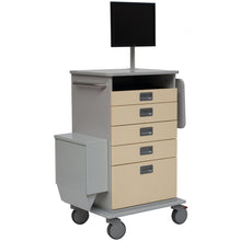 The Novocal EDV cart chassis features a robust full plastic plate, four beige drawers, a gray handle, a bracket for flat screens, wheels for mobility, and a practical side compartment.