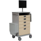 The Novocal EDV cart chassis features a robust full plastic plate, four beige drawers, a gray handle, a bracket for flat screens, wheels for mobility, and a practical side compartment.