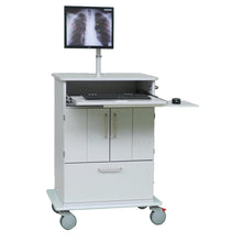 The Novocal IT cart features a full plastic plate, a computer monitor with a chest X-ray image, a pull-out tray for keyboard and mouse, underlying storage compartments, and wheels for easy transport of IT equipment.