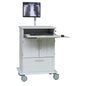The Novocal IT cart features a full plastic plate, a computer monitor with a chest X-ray image, a pull-out tray for keyboard and mouse, underlying storage compartments, and wheels for easy transport of IT equipment.