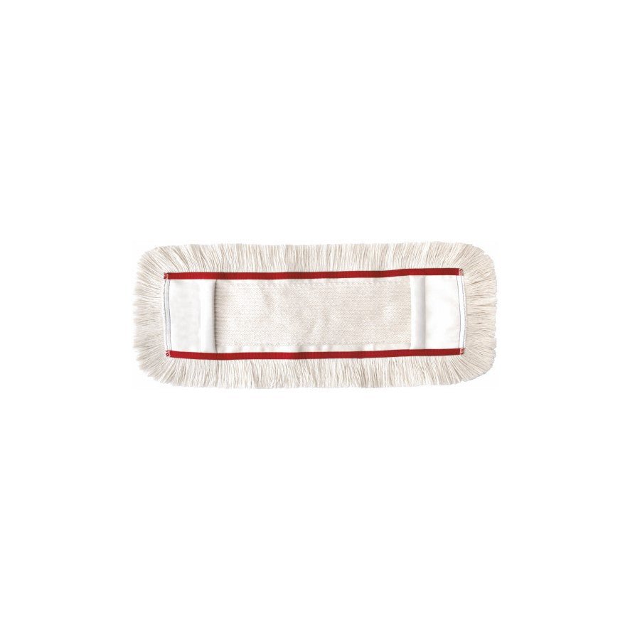The Arcora FIRST MOP from Arcora International GmbH is a rectangular microfiber dust mop head with white fringes and a white center, bordered by a thin red line - perfect for efficient floor cleaning, shown on a plain white background.