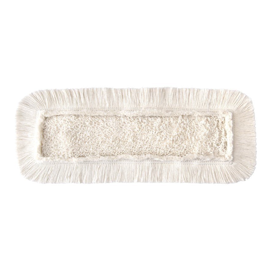The Arcora FIRST MOP from Arcora International GmbH is a rectangular white microfiber mop head with a textured center and long fringes, ideal for floor cleaning, depicted on a solid white background.