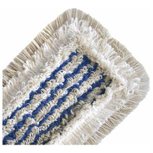 Close-up of the Arcora HOSPITAL HYGIENE MOP by Arcora International GmbH with cream-colored fringes and a blue-white fabric core - ideal for hygienic cleaning in hospitals.
