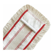 A close-up of the rectangular Arcora QUATTRO MOPP by Arcora International GmbH with beige fringes and a red border for efficient floor cleaning.