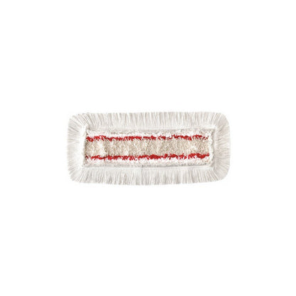 The Arcora QUATTRO MOPP by Arcora International GmbH is a rectangular white dust mop head with dense fringes, two parallel red stripes, and a microfiber surface, ideal for efficient floor cleaning.