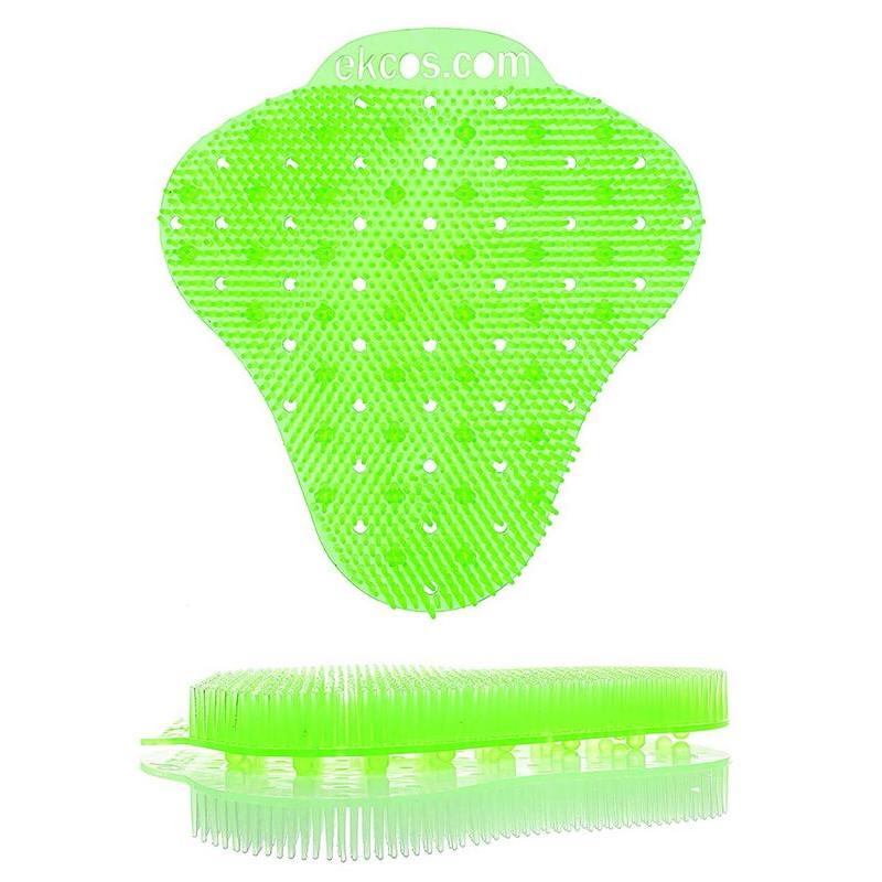 The bright green Ekcos Ekcoscreen urinal mat - 60+ days by Diversey Deutschland GmbH & Co. OHG features bristles, evenly distributed holes for hygienic cleaning, and the inscription "ekcos.com" on the top. Pictured in front and side view.
