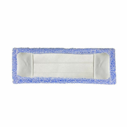 The Arcora Flat Press Mop Micro Blue 2.0 from Arcora International GmbH has a rectangular white core with light blue microfiber edges, ideal for floor cleaning. Pictured here is the special polyester bag version (box, 75 pieces).