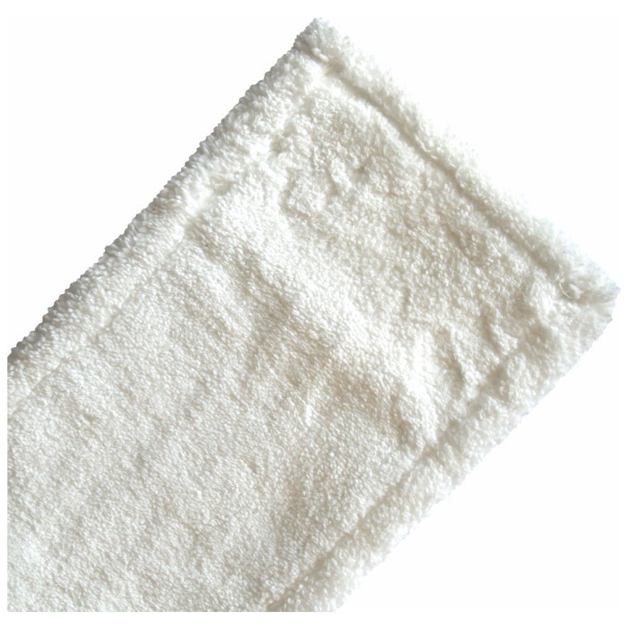 A close-up of the Arcora Flat Press Mop Original White, a 40 cm long microfiber cloth from Arcora International GmbH made of special polyester with stitched edges - perfect for professional cleaning and use in flat press mop systems (pack of 75 pieces).