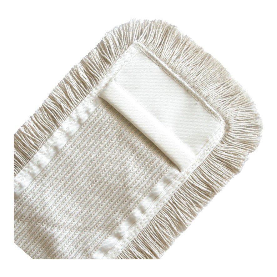 A close-up of the Arcora SUPERPAD GREEN from Arcora International GmbH, a rectangular microfiber cleaning pad with beige fringed edges, textured center, and a pocket for attachment to a mop handle - ideal for surface cleaning.