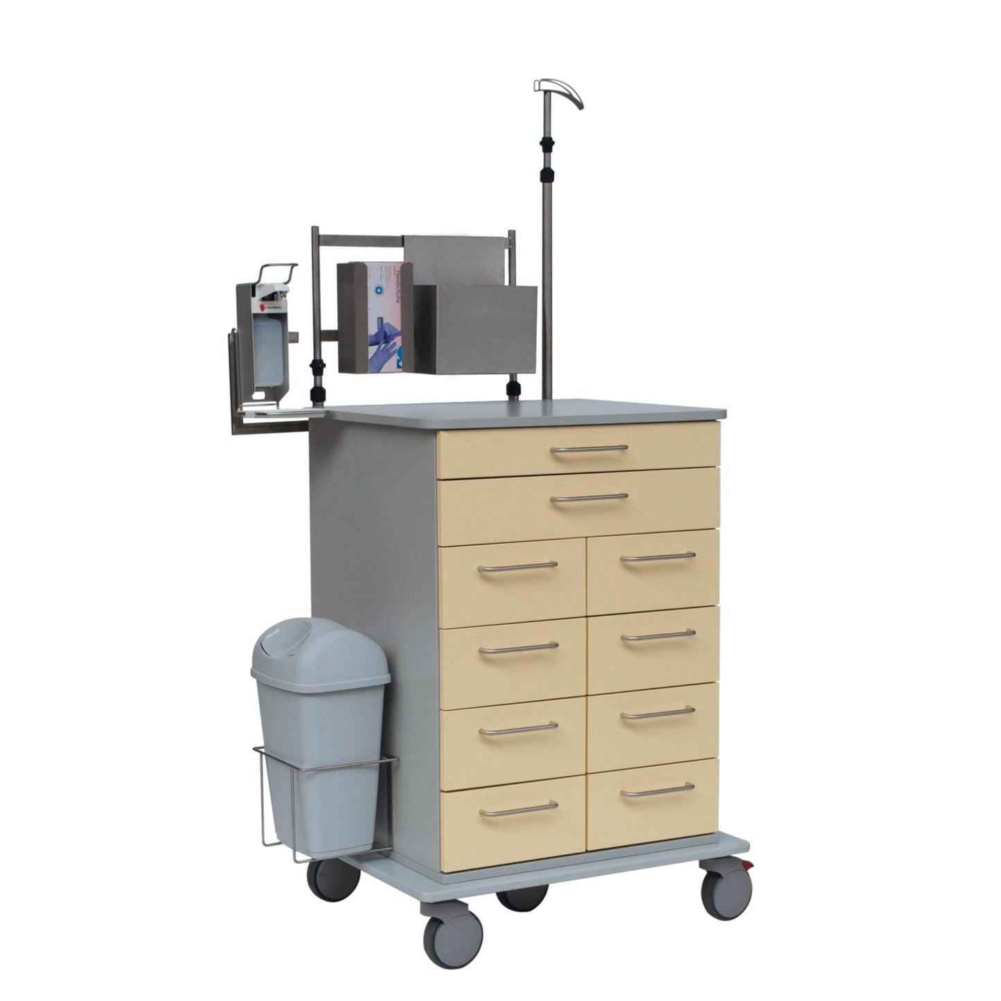 The Novocal endoscopy cart features a stable full plastic sheet chassis, nine beige drawers, a gray worktop, a waste bin, document compartments, an infusion pole, and wheels - perfect for flexible use in medical facilities.