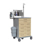 The Novocal endoscopy cart features a stable full plastic sheet chassis, nine beige drawers, a gray worktop, a waste bin, document compartments, an infusion pole, and wheels - perfect for flexible use in medical facilities.