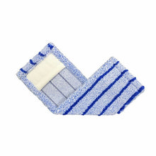 The Arcora RUNNER BLUE - FC WITHOUT COVER from Arcora International GmbH is a blue and white striped microfiber mop pad on a white background, with a rectangular Velcro surface ideal for all types of durable flooring.