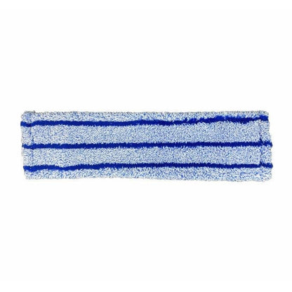 The Arcora Flat Press Mop Runner Blue 2.0 Db-Fc with cover sheet and special polyester bag from Arcora International GmbH is a rectangular blue-white microfiber mop pad, ideal for professional cleaning, in a carton of 75 pieces.