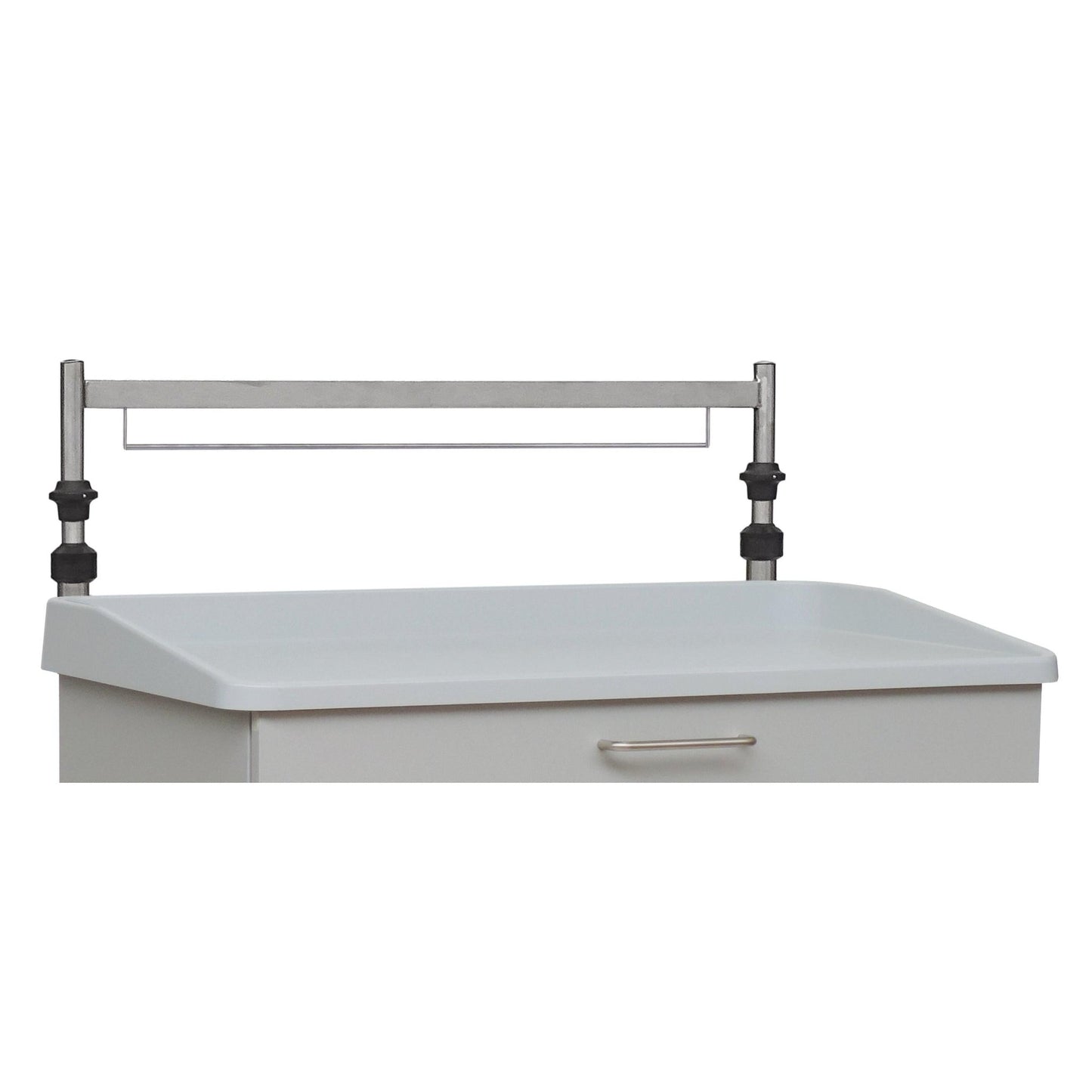 A close-up of a white medical cart with a metal drawer handle and an adjustable Novocal Euro rail (single, for rear wall, height adjustable) from Novocal, attached at the back along with a plastic edge and an infusion pole.