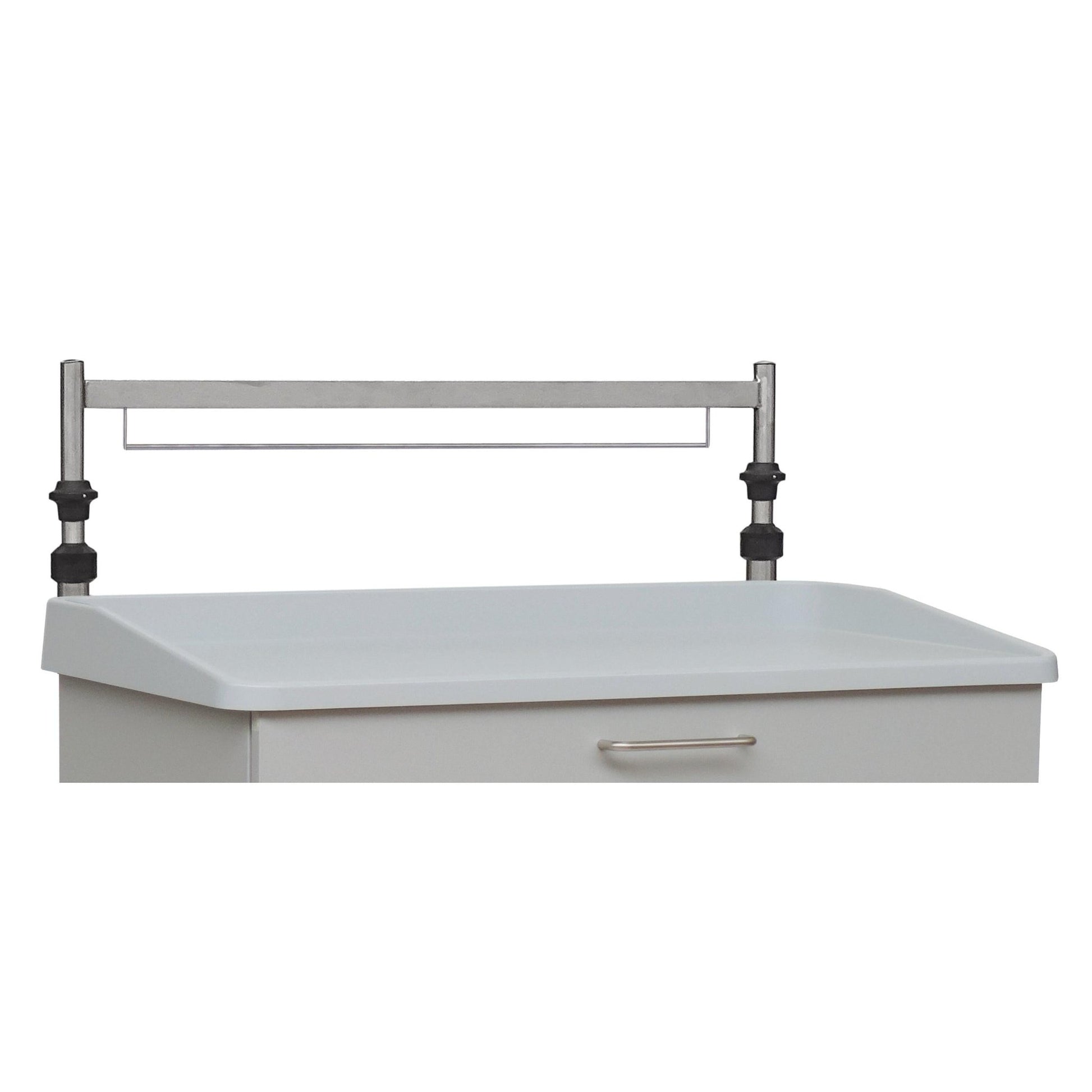 A close-up of a white medical cart with a metal drawer handle and an adjustable Novocal Euro rail (single, for rear wall, height adjustable) from Novocal, attached at the back along with a plastic edge and an infusion pole.