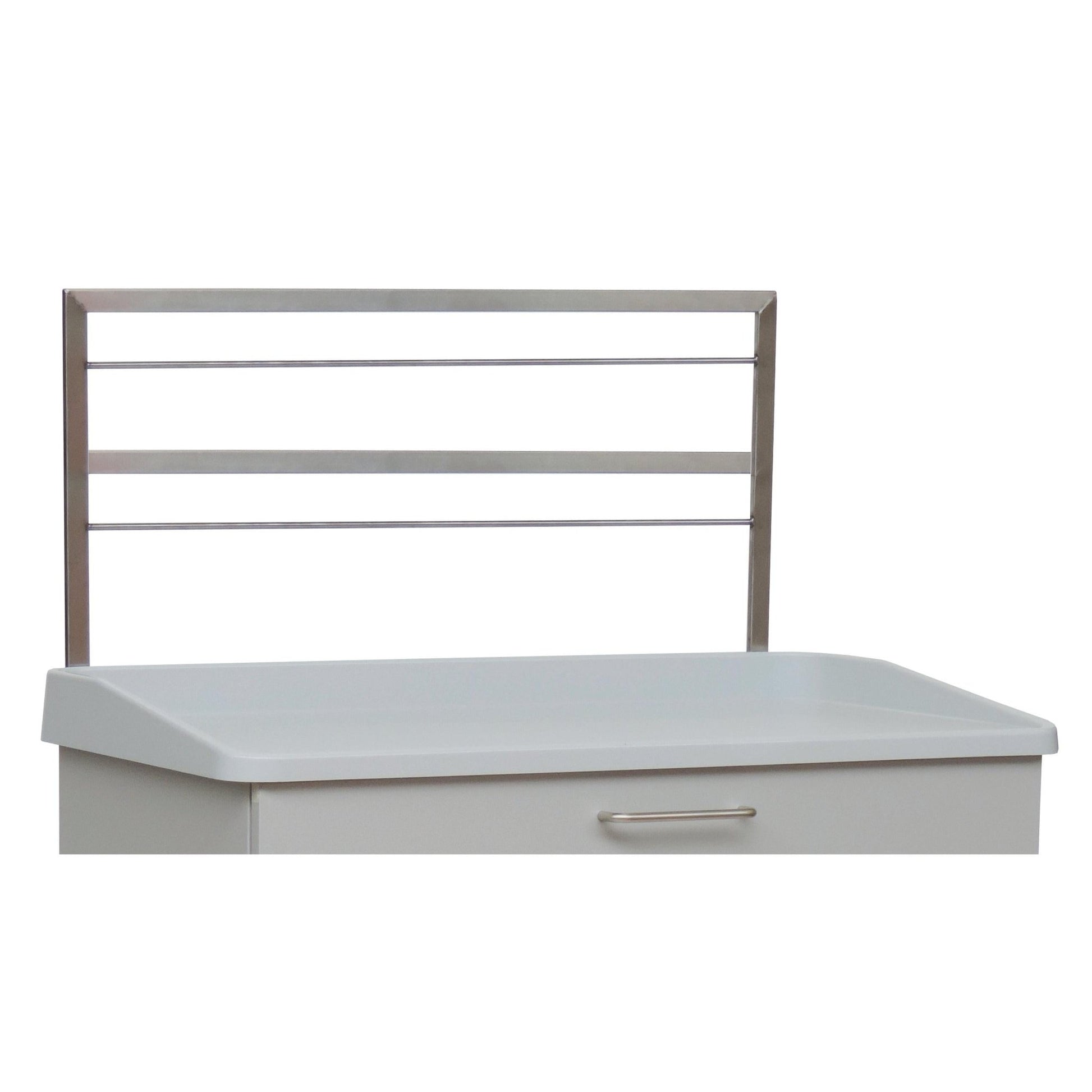 The Novocal Euro Rail - 2-fold for back panel (1 piece) is a white cabinet with a flat top, a silver drawer handle, and a metal frame with three horizontal bars for easy attachment of the back panel - ideal for modern furniture construction.