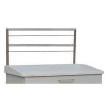 The Novocal Euro Rail - 2-fold for back panel (1 piece) is a white cabinet with a flat top, a silver drawer handle, and a metal frame with three horizontal bars for easy attachment of the back panel - ideal for modern furniture construction.