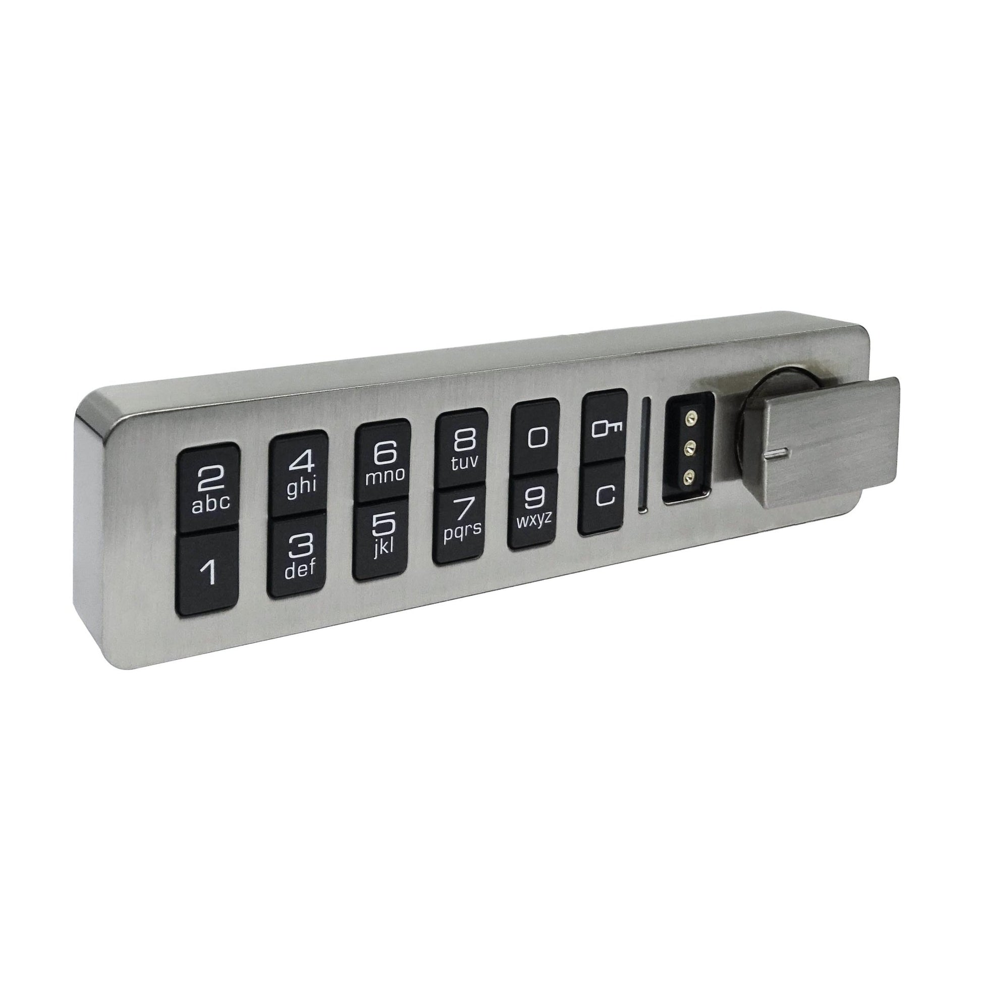 The Novocal electronic combination lock features a horizontal keypad with black number keys, letters, a power button, and a rotating metal knob on the right side, all mounted on a brushed metal plate.