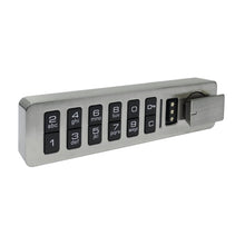 The Novocal electronic combination lock features a horizontal keypad with black number keys, letters, a power button, and a rotating metal knob on the right side, all mounted on a brushed metal plate.