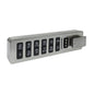 The Novocal electronic combination lock features a horizontal keypad with black number keys, letters, a power button, and a rotating metal knob on the right side, all mounted on a brushed metal plate.