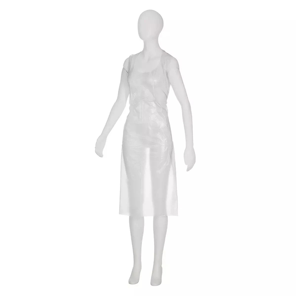 A white mannequin displays the AMPri disposable aprons light, white, 75 x 125 cm (bag of 100 pieces), a transparent, sleeveless disposable apron, ideal for hygiene and food processing, against a plain white background.