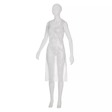 A white mannequin displays the AMPri disposable aprons light, white, 75 x 125 cm (bag of 100 pieces), a transparent, sleeveless disposable apron, ideal for hygiene and food processing, against a plain white background.