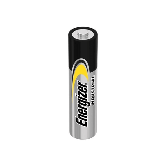 A single Energizer Industrial Alkaline EN92 LR03 AAA Micro battery from a pack (10 pieces) by Energizer Deutschland GmbH is standing upright. It has a black, silver, and yellow design, with the brand name “Energizer” and the word “Industrial” printed vertically on the side. The battery’s upper 1.5-volt terminal is visible.