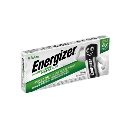 A box of Energizer Power Plus AAA Micro LR03 700 mAh | Pack (10-pack) from Energizer Deutschland GmbH containing ten batteries. The packaging highlights the use of recycled batteries, a charge that lasts 4x longer, a 700 mAh capacity, and features an illustration of a battery with arms.