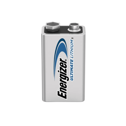 A close-up of an Energizer Ultimate Lithium E-Block 9V L522 | Pack of 10 from Energizer Deutschland GmbH. The battery is silver with black and blue text and represents a long-lasting power source. The top of the battery features two terminals, one round and one hexagonal.