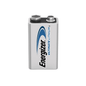 A close-up of an Energizer Ultimate Lithium E-Block 9V L522 | Pack of 10 from Energizer Deutschland GmbH. The battery is silver with black and blue text and represents a long-lasting power source. The top of the battery features two terminals, one round and one hexagonal.