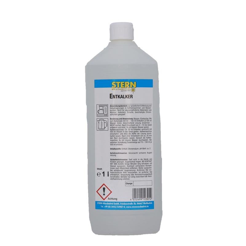 A white 1-liter bottle of STERN descaler from Stern Waschmittel GmbH with a blue label, German instructions, and safety information. Ideal for removing limescale deposits, especially in coffee machines. Red hazard symbol on the bottom.