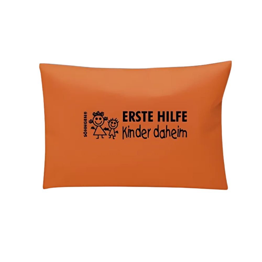 The "First Aid Kit Children at Home Orange | Package (1 piece)" from W. Söhngen GmbH is an orange bag with the inscription "FIRST AID Children at Home" and two stick figures - a practical first aid kit for children at home.