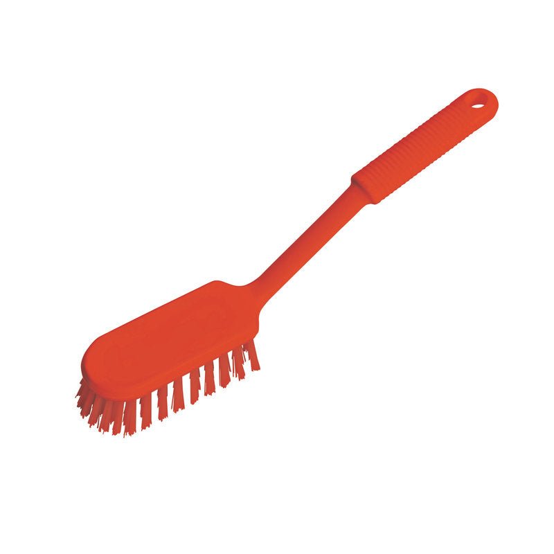 A Haug Bürsten KG handle scrubbing brush PBT soft with a long handle is pictured against a white background. The brush has a long handle with a hanging hole and is equipped with a rectangular head.