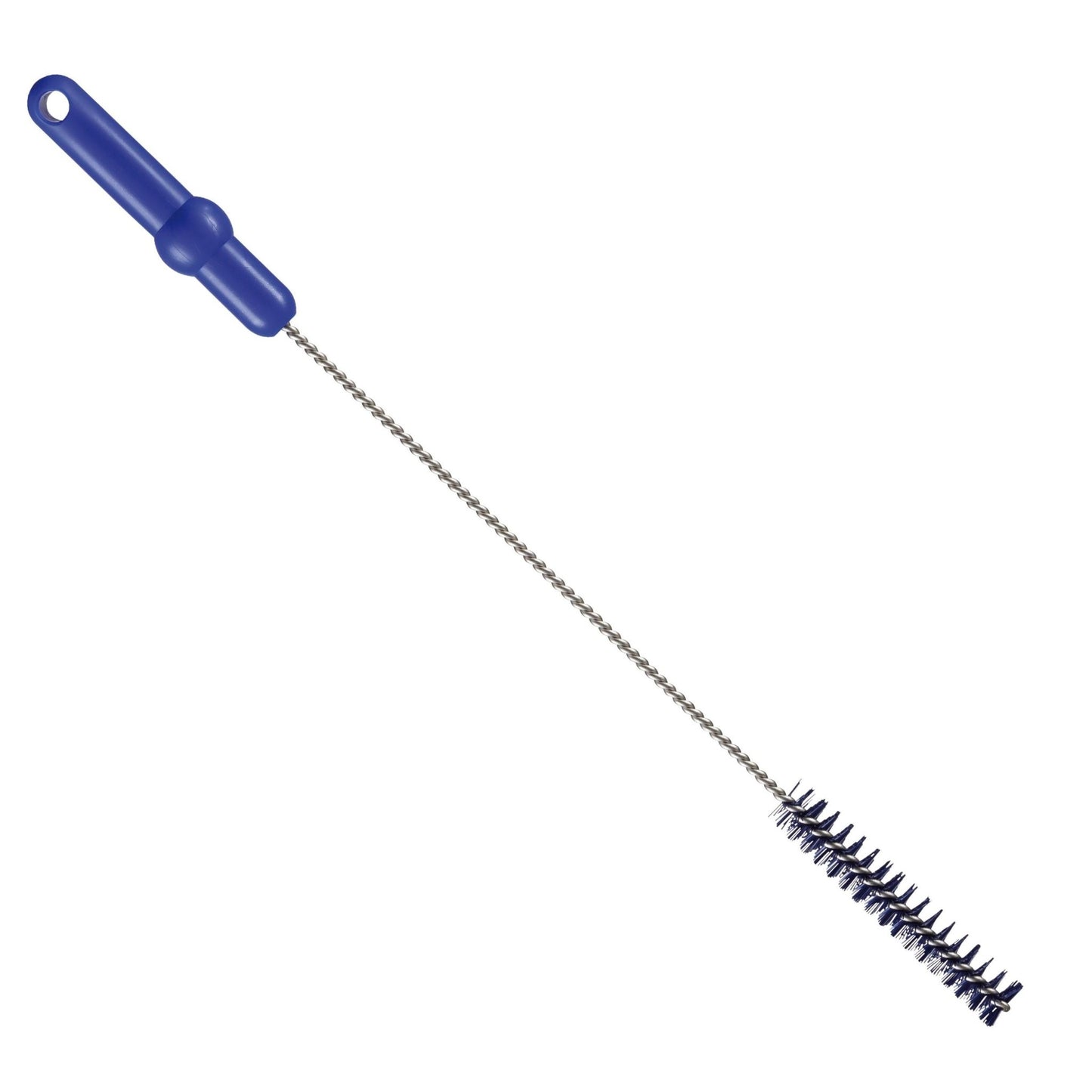 The Haug Bürsten KG Haug pipe brush with V2A stainless steel wire, PP/PBT hard, 500 x Ø20 mm in blue is ideal for professional pipe cleaning and features a robust plastic handle and stiff black bristles.