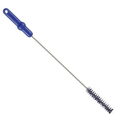 The Haug Bürsten KG Haug pipe brush with V2A stainless steel wire, PP/PBT hard, 500 x Ø20 mm in blue is ideal for professional pipe cleaning and features a robust plastic handle and stiff black bristles.