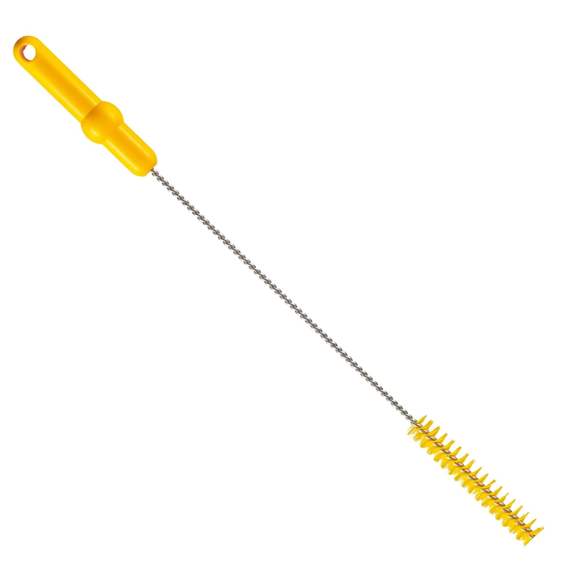 The Haug Bürsten KG Haug pipe brush with V2A stainless steel wire PP PBT hard (500 x Ø20 mm) in yellow is ideal for cleaning bottles, narrow containers, or as a professional pipe brush for pipe cleaning tasks.