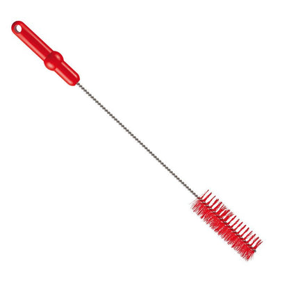 The Haug Bürsten KG pipe brush with V2A stainless steel wire PBT medium (500 x Ø40 mm, red) is designed for hygienic pipe cleaning. It has a red handle with a hanging hole and red bristles, isolated on a white background.