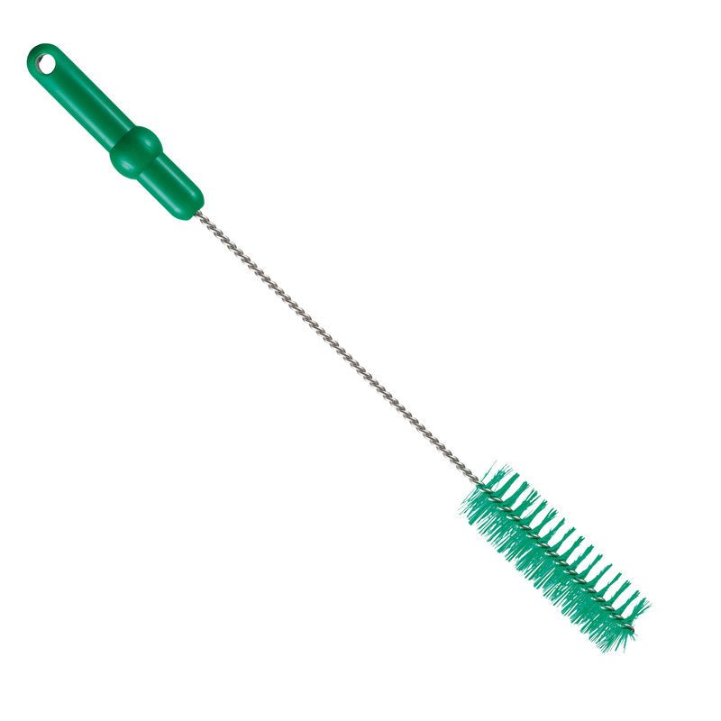 The Haug Bürsten KG Haug pipe brush with V2A stainless steel wire PBT medium 500 x Ø40 mm in green, with stiff bristles and a durable twisted handle, is ideal for hygienic pipe cleaning; shown isolated on a white background.