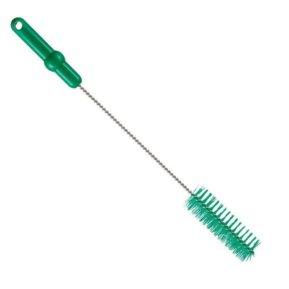 The Haug Bürsten KG Haug pipe brush with V2A stainless steel wire PBT medium 500 x Ø40 mm in green, with stiff bristles and a durable twisted handle, is ideal for hygienic pipe cleaning; shown isolated on a white background.