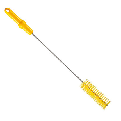 The Haug Bürsten KG pipe brush with V2A stainless steel wire PBT medium 500 x Ø40 mm in yellow has a twisted metal handle, a yellow plastic handle, and bristles for hygienic pipe cleaning on a white background.