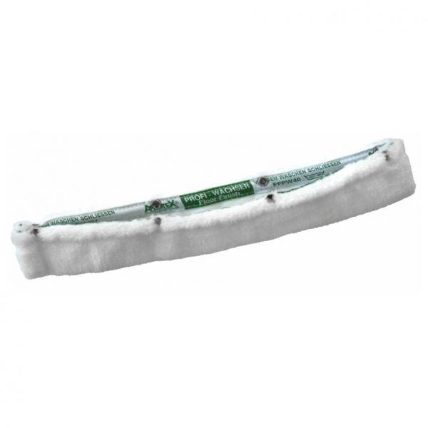 The Arcora Floor-Finish Profi Waxer Cover White From Microfiber 40 cm by Arcora International GmbH is a white, rectangular microfiber cover with a green label, ideal for professional floor care. Pictured is a pack of 100 on a plain white background.