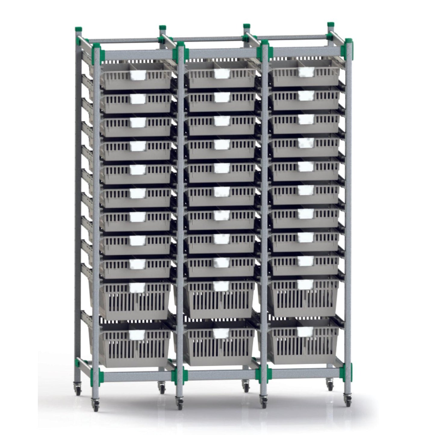 The Novocal FlexiStore shelving cart system made of anodized aluminum features a basic frame with ventilated shelves and wheels for flexible storage and transport - ideal for a versatile shelving cart system.