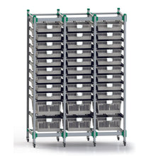 The Novocal FlexiStore shelving cart system made of anodized aluminum features a basic frame with ventilated shelves and wheels for flexible storage and transport - ideal for a versatile shelving cart system.