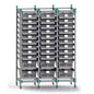The Novocal FlexiStore shelving cart system made of anodized aluminum features a basic frame with ventilated shelves and wheels for flexible storage and transport - ideal for a versatile shelving cart system.