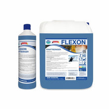 Pictured are two Arcora FLEXON POWER CLEANER containers from Arcora International GmbH: a tall bottle and a large 10-liter canister, both with blue and white labels displaying the product information of the powerful cleaner.