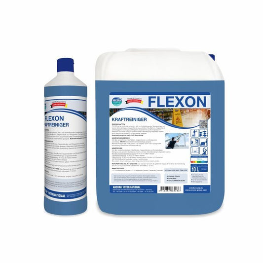 Pictured are two Arcora FLEXON POWER CLEANER containers from Arcora International GmbH: a tall bottle and a large 10-liter canister, both with blue and white labels displaying the product information of the powerful cleaner.