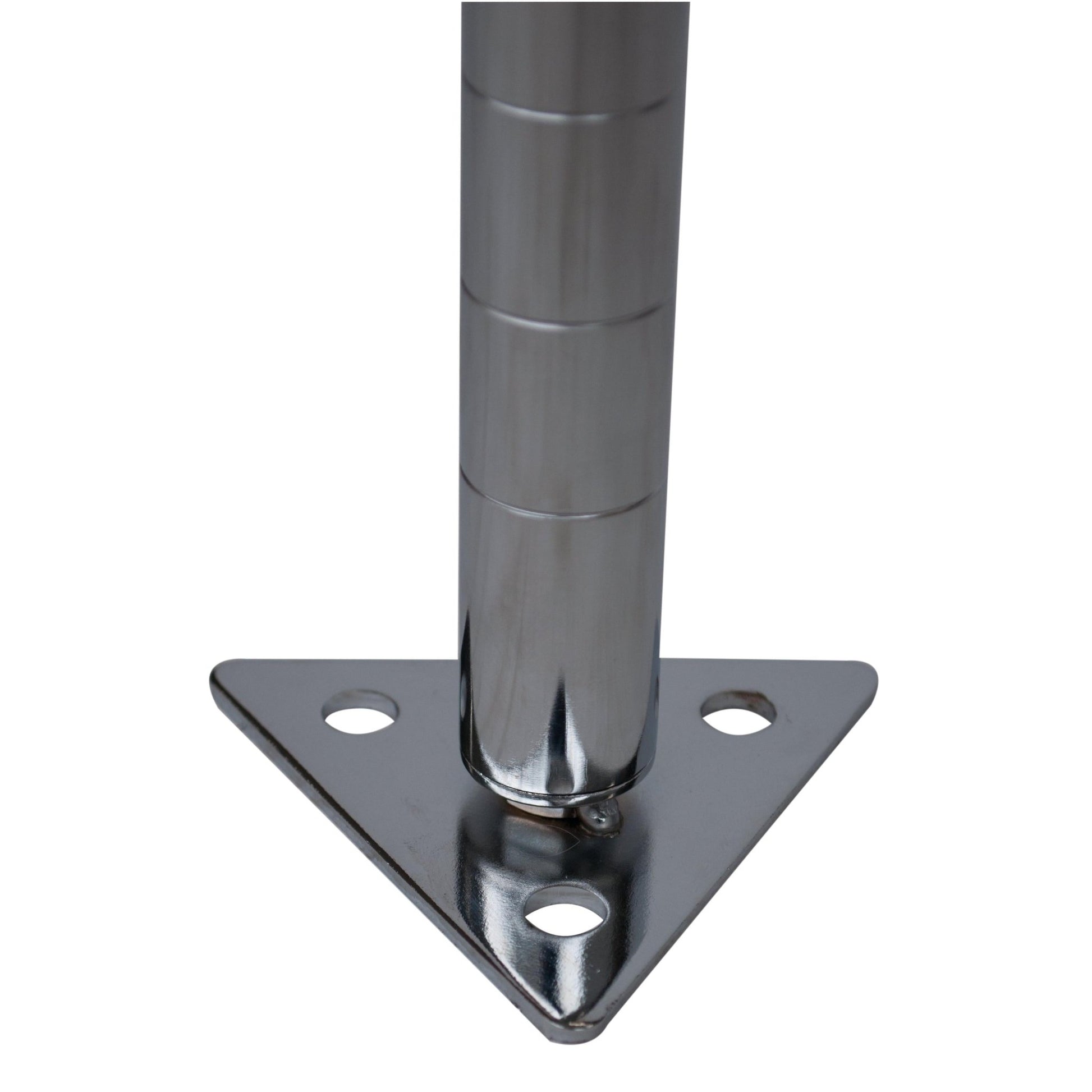 Close-up of the Novocal base plate - perfect for securely fastening free-standing shelves to the floor. The image shows detailed views of the triangular base with three holes, which is supplied as a single pack (1 piece) by Novocal.